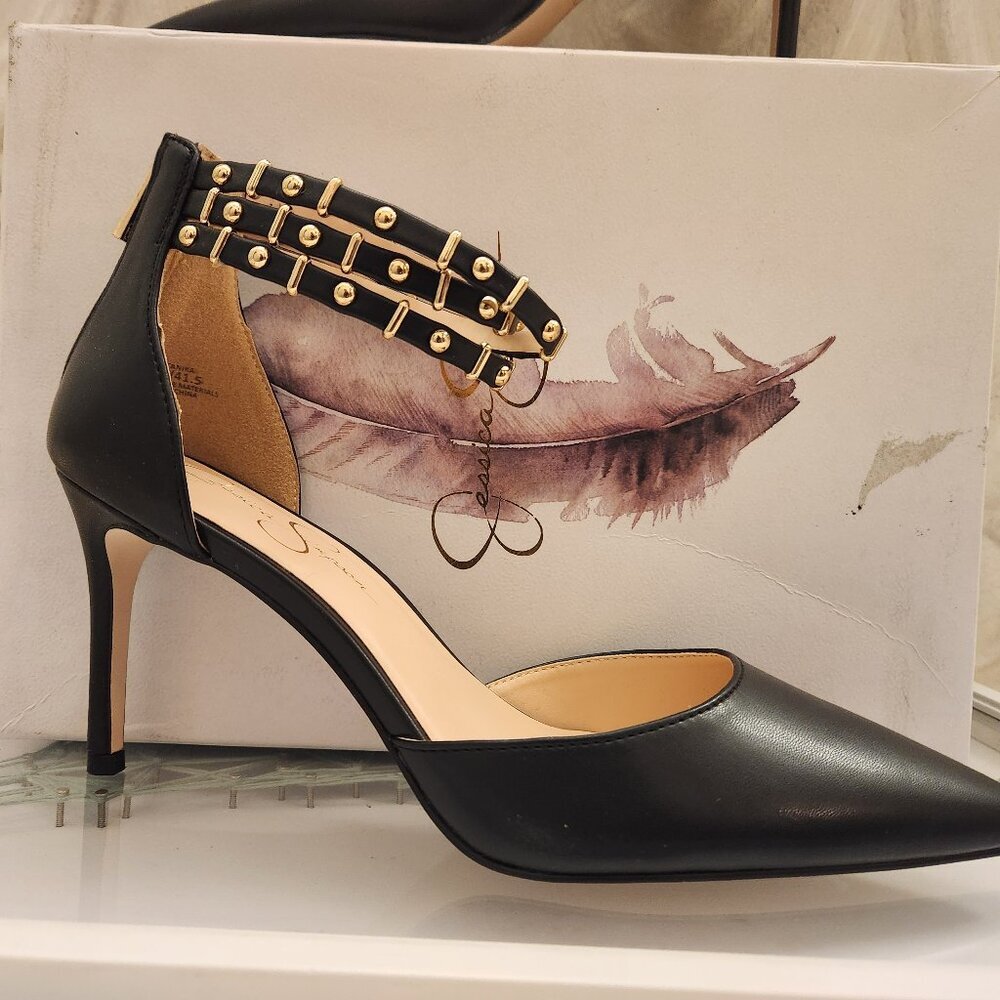 Jessica Simpson Black/Gold "Stanika" Heels. NIB. Size 10